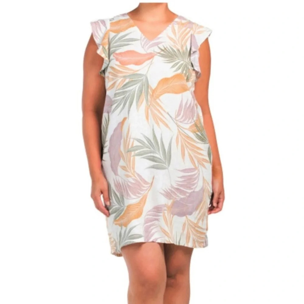 Tahari Womens plus size 1X‎ 100% Linen Tropical Print Shift Dress Ruffle Sleeve